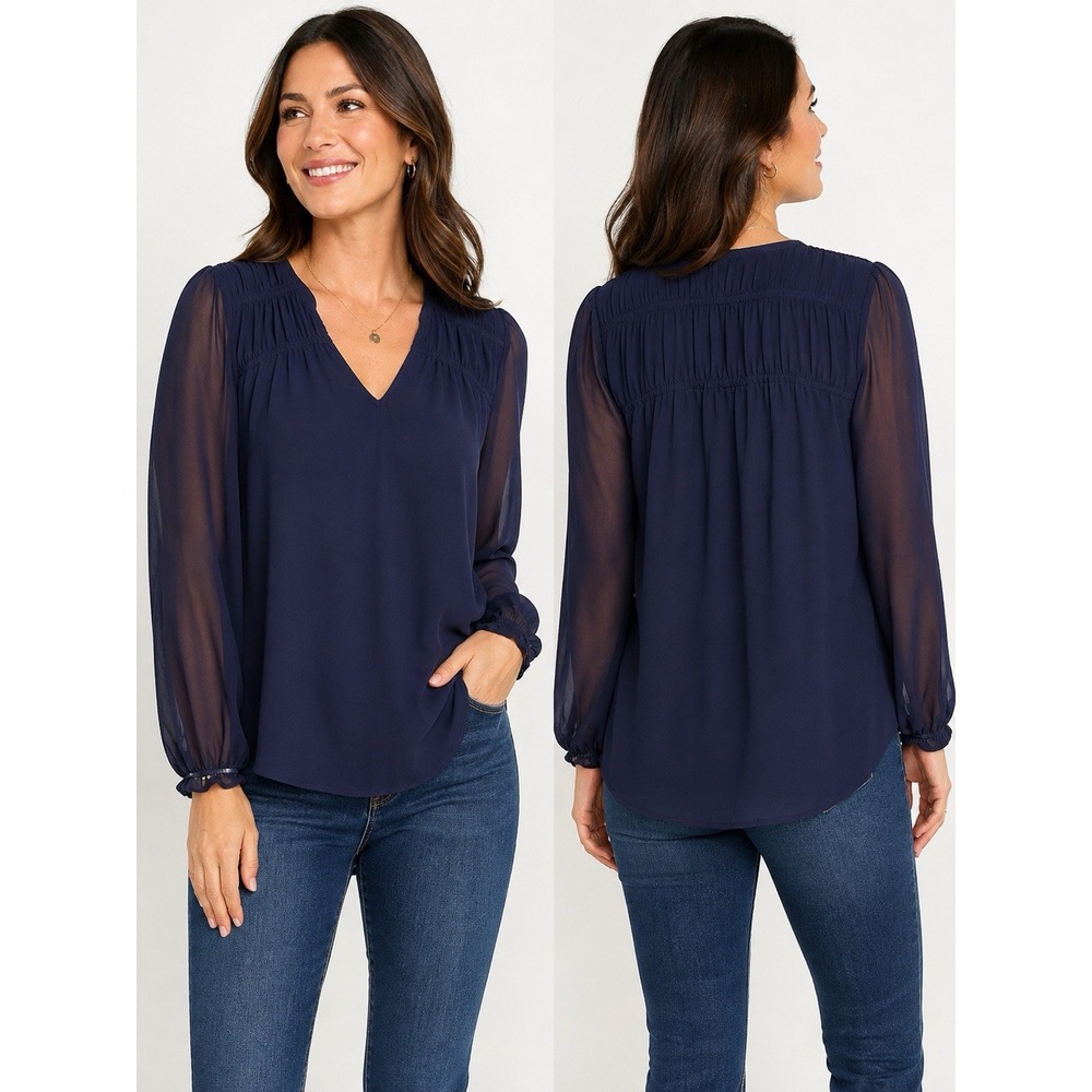Old Navy Women's Medium Navy Blue Sheer Long Sleeve V Neck Blouse Flowy Top
